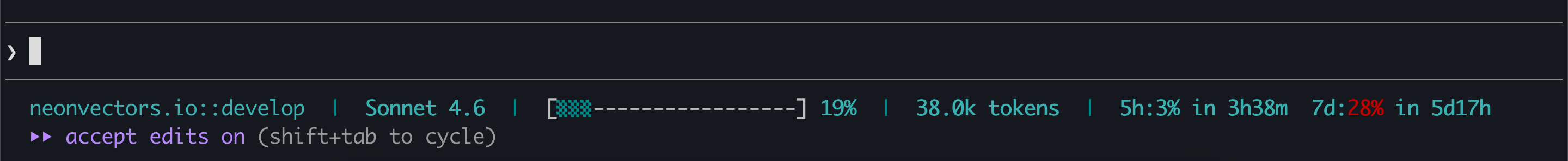 Claude Code status line showing project, context bar, tokens, rate limits, cost and model